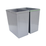 Poubelle incastrable KuKoo de 90 L en plastique gris, avec deux compartiments rectangulaires et couvercles verts, idéale pour le tri des déchets