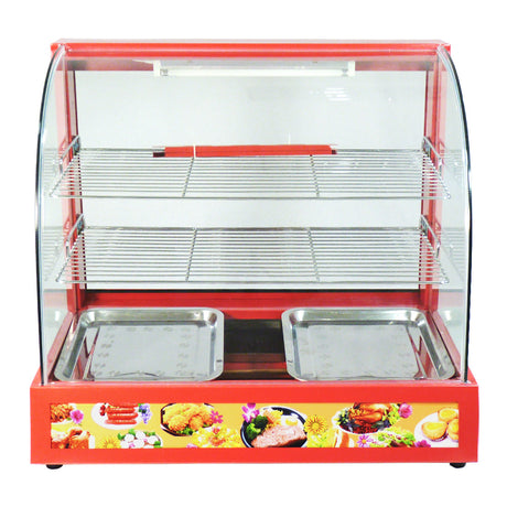 Vitrine chauffante électrique rouge de 60 cm avec étagères en métal, deux bacs en inox et design transparent pour exposer les plats