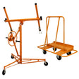 Lève-plaques en métal orange de 3,5 m avec chariot à roulettes, conçu pour faciliter l'installation de plaques de plâtre