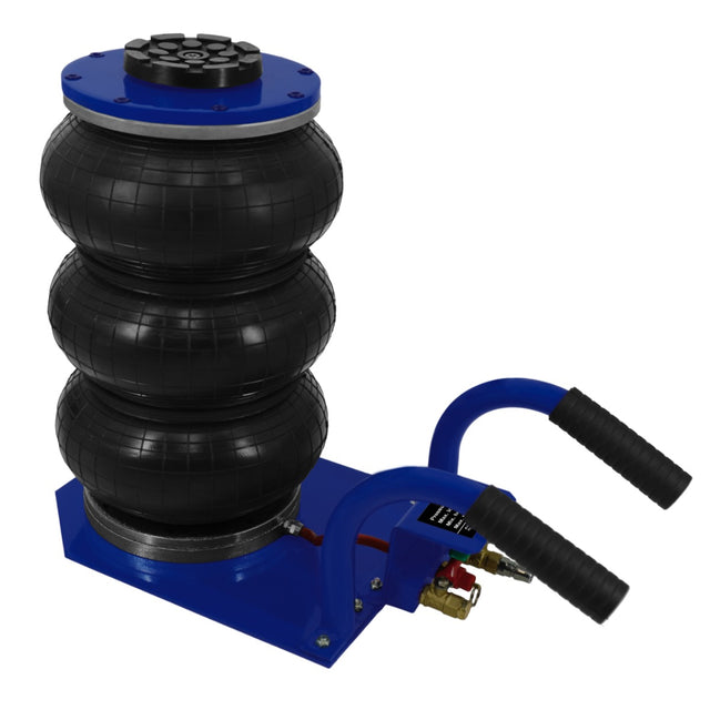 Cric pneumatique 3,5 T avec trois sacs en caoutchouc noir, base bleue, poignées ergonomiques et valves de contrôle intégrées