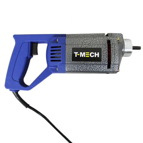 Vibreur à béton électrique T-Mech avec un corps gris texturé et une poignée bleue ergonomique, idéal pour les travaux de construction