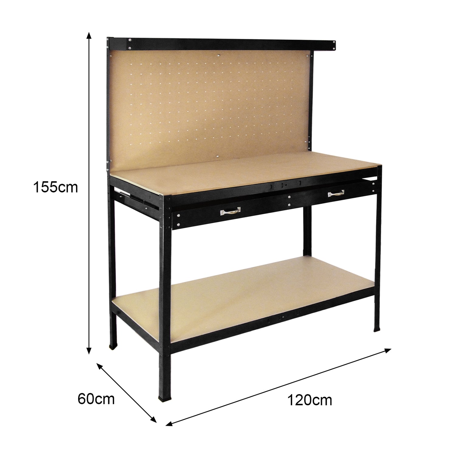 Établi de Travail à Tiroir en Acier Noir avec Panneau Perforé