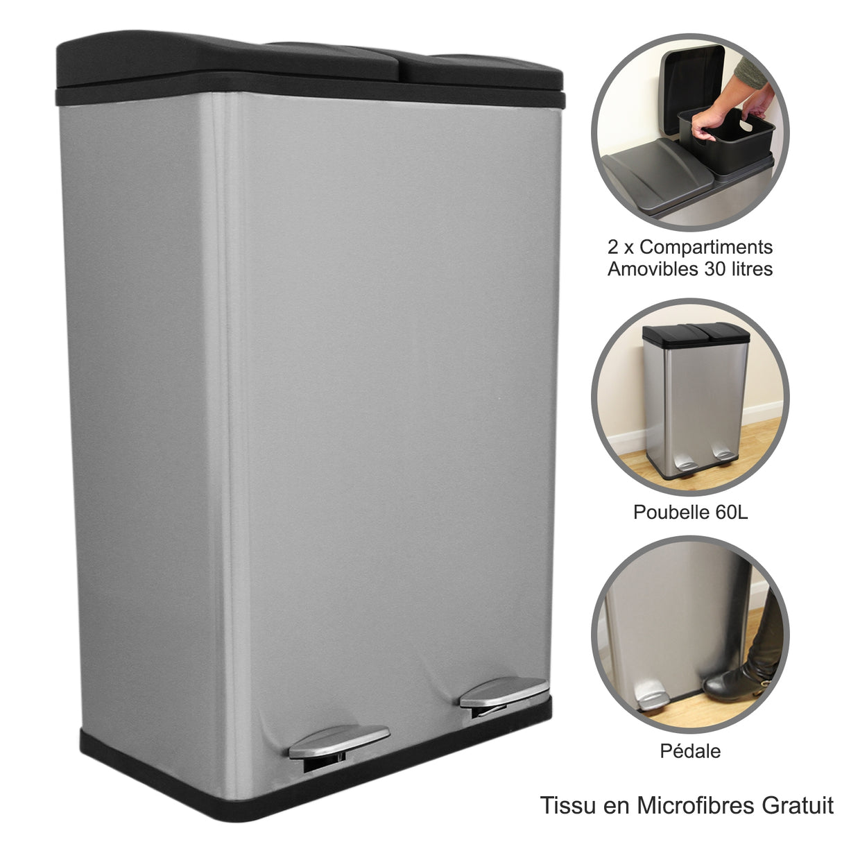 Poubelle de Recyclage 60L Double Acier Inoxydable