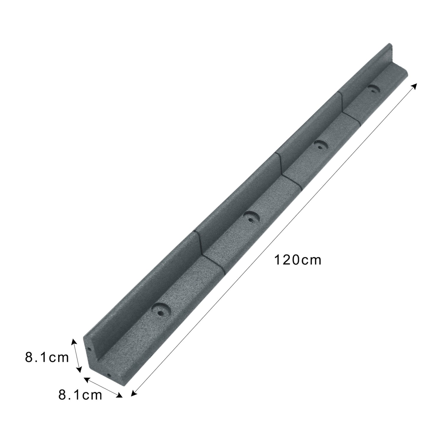 Bordure de pelouse flexible en gris, mesure 1,2 m de long et 8,1 cm de large, avec une texture lisse et des trous pour fixation