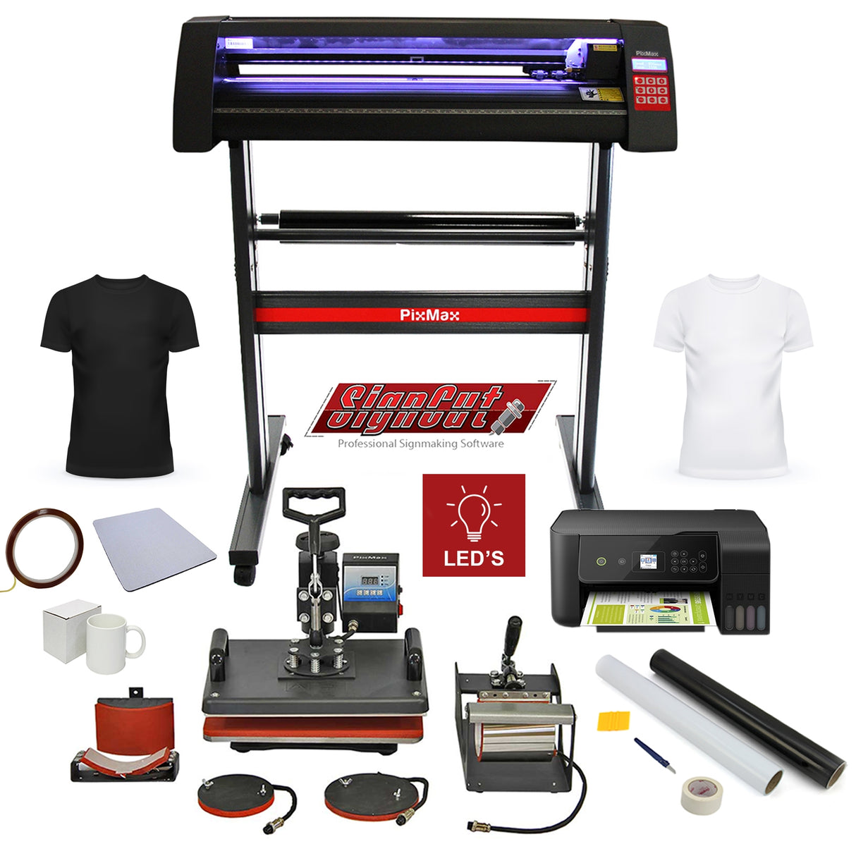 PixMax Lot de Presse à Chaud 5 en 1, Plotter de Découpe Vinyle LED et Imprimante