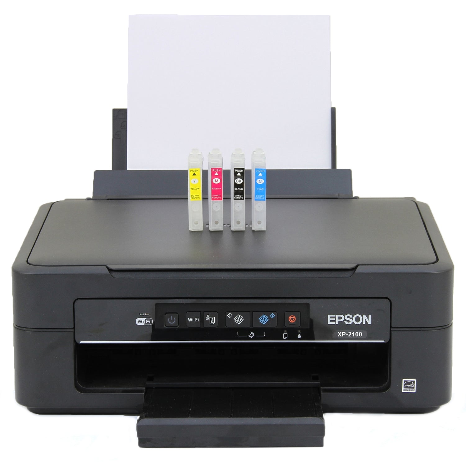 Imprimante Epson XP-2100 noire avec quatre cartouches de couleur, prête à imprimer sur papier blanc, design compact et moderne