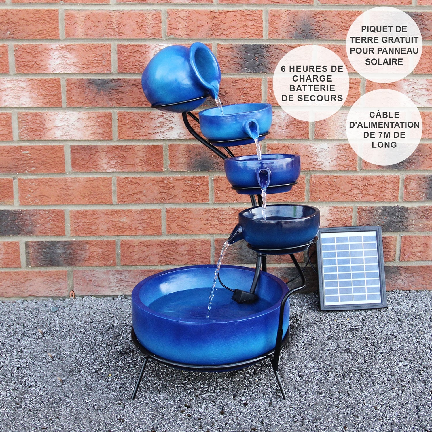 Fontaine de Jardin à 4 Niveaux avec Panneau Solaire - Bleu