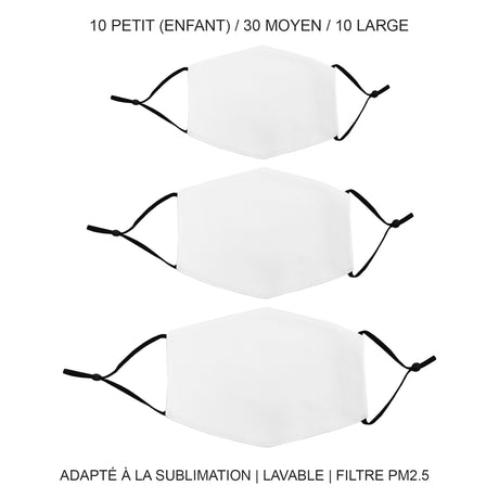 50 Masques Visage Vièrges pour Sublimation de Taille Mixte