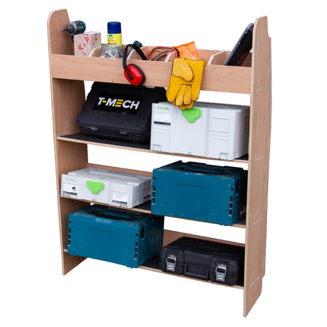 Étagère en contreplaqué pour Ford Transit, avec trois niveaux, outils et boîtes de rangement, couleur bois naturel, design pratique et robuste