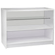 Comptoir de vente blanc C1200 avec étagère en verre, finition lisse, design moderne et espace de rangement pratique en dessous