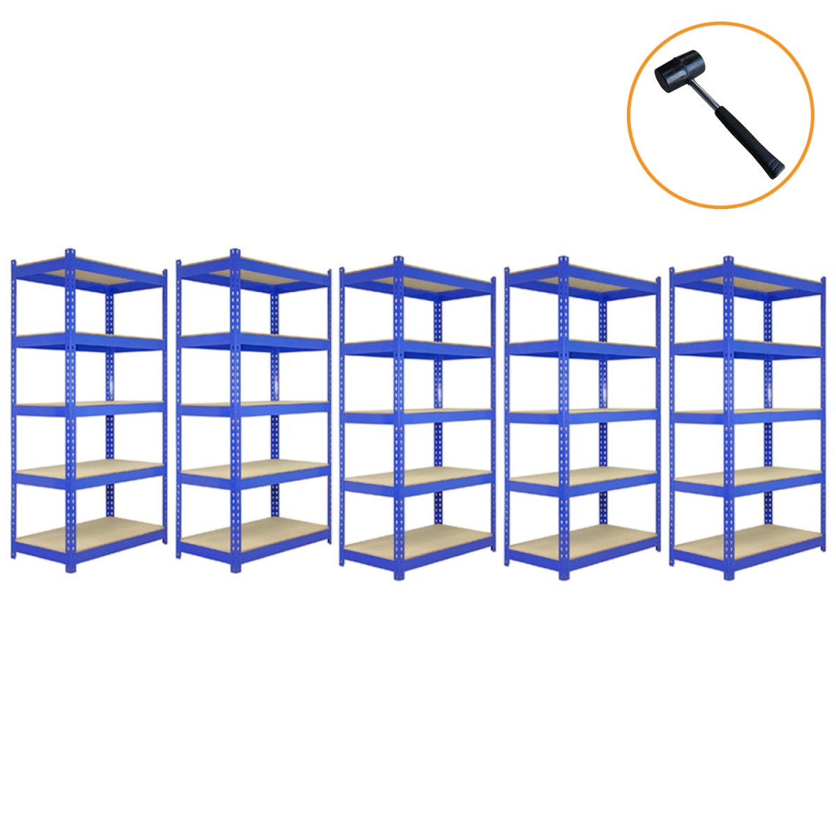 Monster Racking - Lot de 3 Rayonnages Q-Rax en Acier Bleu 90cm, 2 Rayonnages Q-Rax 120cm & Maillet