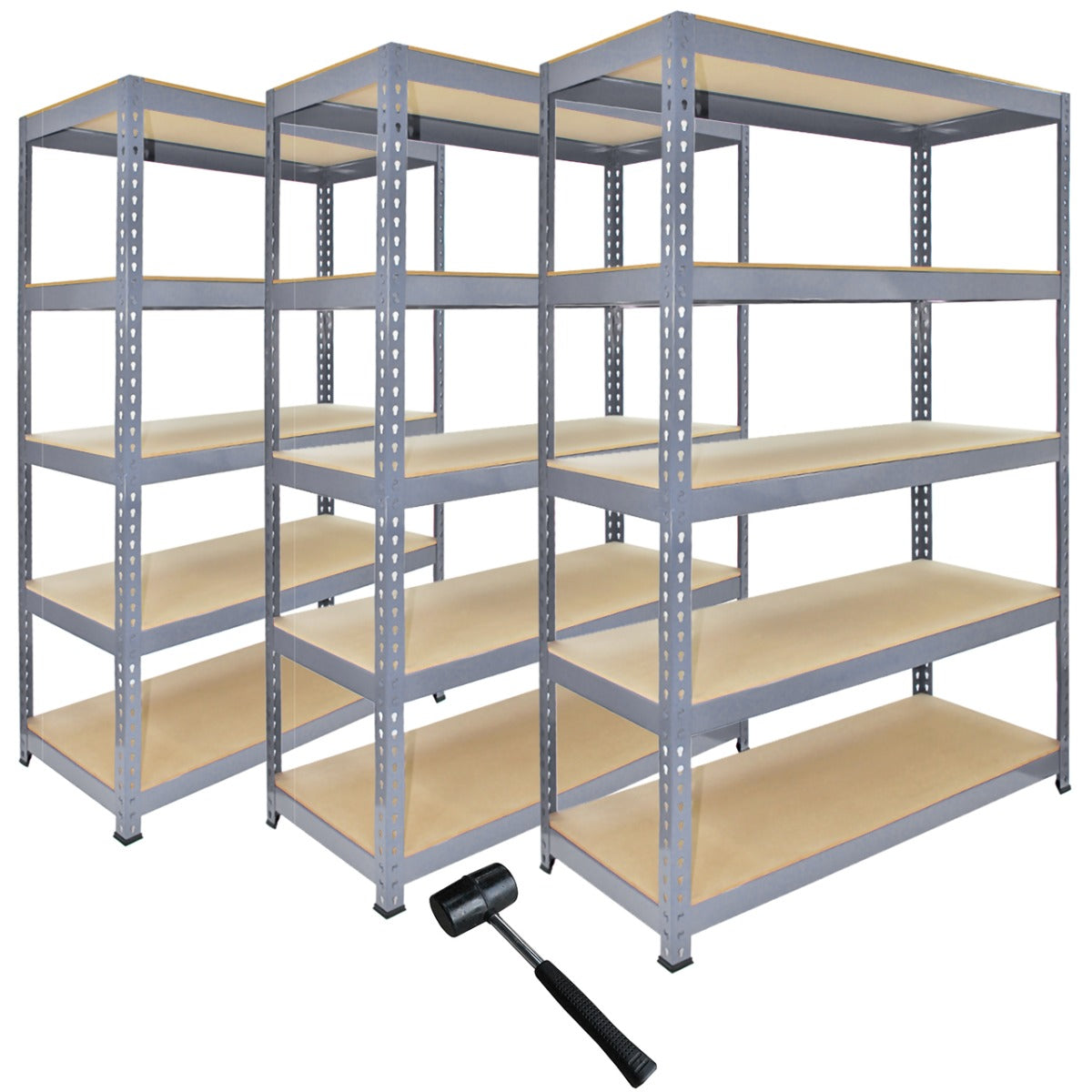 Monster Racking - Lot de 3 Rayonnages Q-Rax en Acier Gris 120cm x 50cm x 182,5cm & Maillet