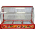 Vitrine chauffe-plats électrique de 90 cm, rouge vif, avec trois bacs en inox et étagères en fil métallique pour une présentation attrayante des aliments