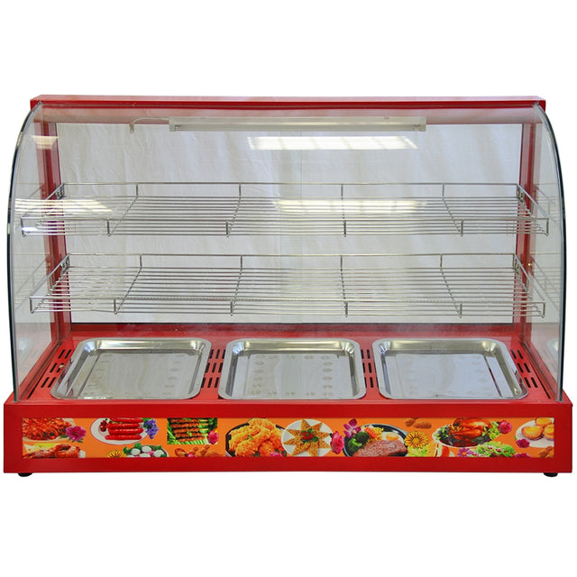Vitrine chauffe-plats électrique de 90 cm, rouge vif, avec trois bacs en inox et étagères en fil métallique pour une présentation attrayante des aliments