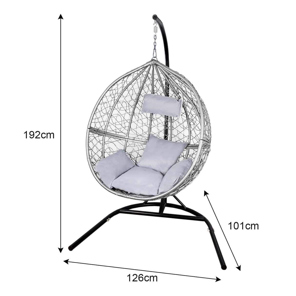 Chaise suspendue en rotin gris, en forme d'œuf, avec coussins doux, structure noire, idéale pour un coin détente extérieur ou intérieur