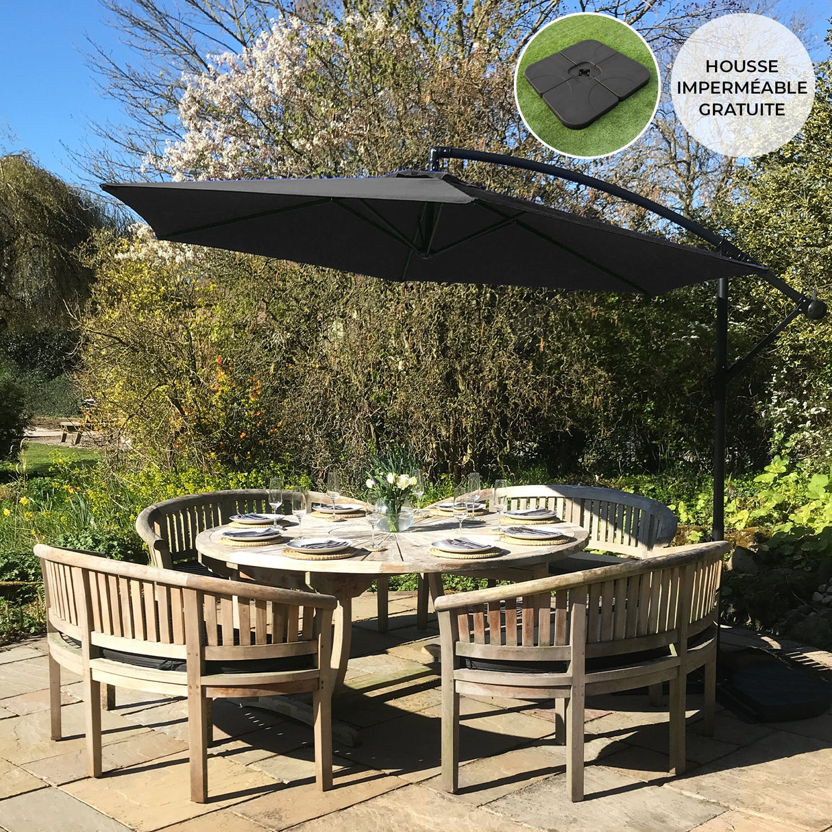 Parasol Cantilever Noir & Base Carrée 3m x 3m x 2.5m